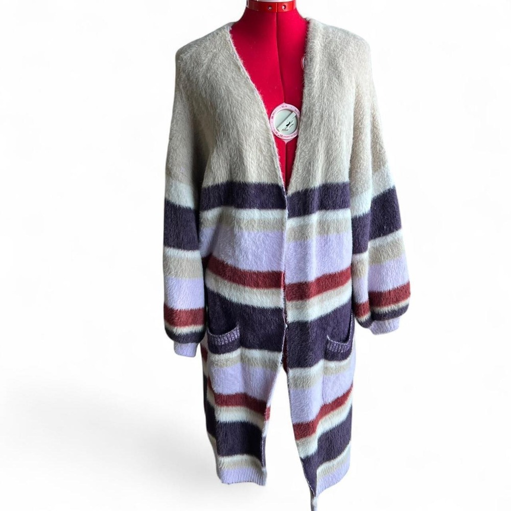 Tan & Hyfve Purple Long Fuzzy Cotton Blend Cardigan Pockets Cottagecore Cozy Y2K